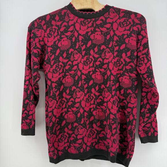 Vintage 80s 90s Liz Baker Sport Grandma Floral Knit Sweater Black Pink 2XL - Picture 1 of 10